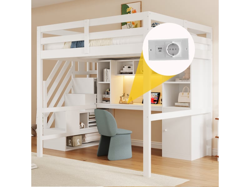 Lit mezzanine 140x200 blanc, bureau intégré, escalier avec rangements et éclairage led - Conforama D