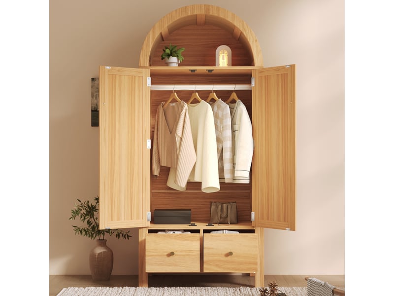  Armoire de chambre 181x78x45 cm avec sommet arqué et cannage rotin, armoire dressing avec 2 portes magnétiques, 2 tiroirs, tringle, finition chêne Seren Glow - Conforama D
