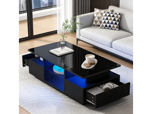 Table basse noire brillante avec led, 2 tiroirs et étagères en verre, meuble de salon moderne 100 x 50 x 36 cm