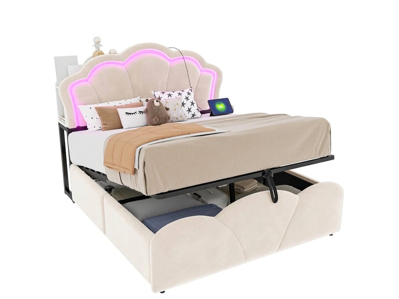  Lit coffre 140x200 velours beige avec rangement hydraulique, led et prises intégrées sans matelas  - Conforama A