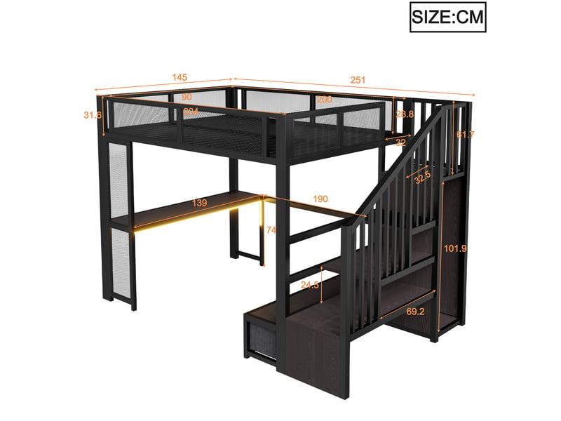  Lit mezzanine tcqpz enfant 140 x 200 cm avec bureau, rangement, usb, led, armoire ouverte et 3 tiroirs en métal et mdf noir  - Conforama C