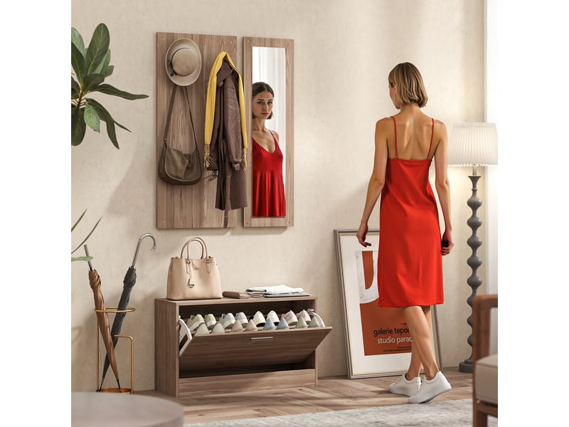  Ensemble entrée 3 pièces : banc à chaussures, porte-manteau mural et miroir, armoire bois, 80×27×46,5 cm, marron foncé  - Conforama C