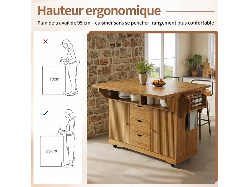 Desserte de cuisine,142.5x80x95 cm,3 tiroirs,mdf,marron foncé - Conforama D