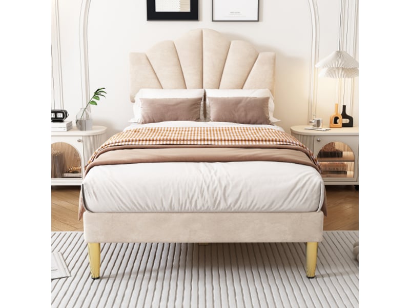  Lit enfant 90x200 cm, lit simple avec tête de lit réglable et sommier à lalttes, en velours, beige, sans matelas  - Conforama C