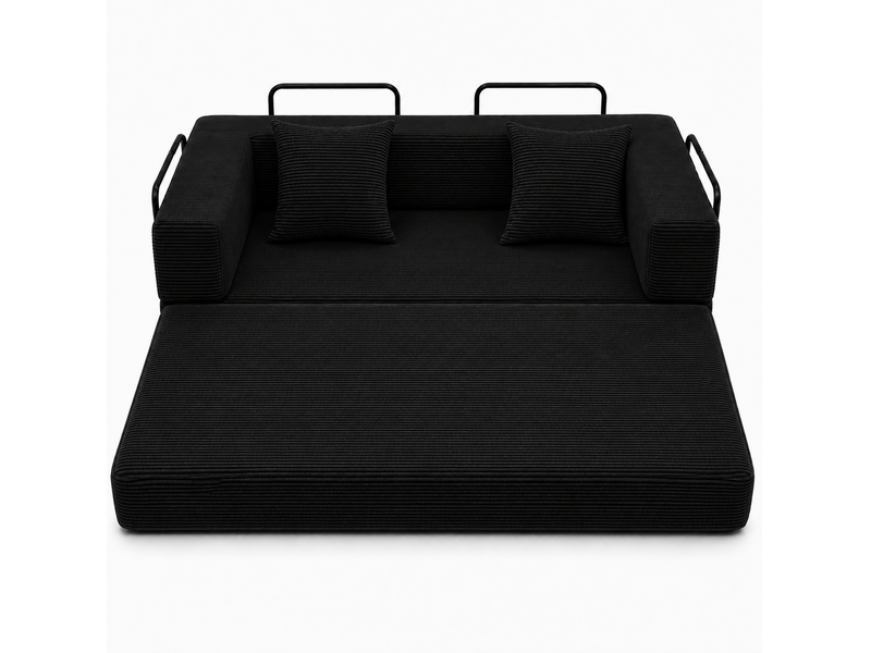  Canapé convertible au sol 2 places pliable avec accoudoirs et coussins en velours côtelé noir, 185 × 92,5 × 60 cm  - Conforama A
