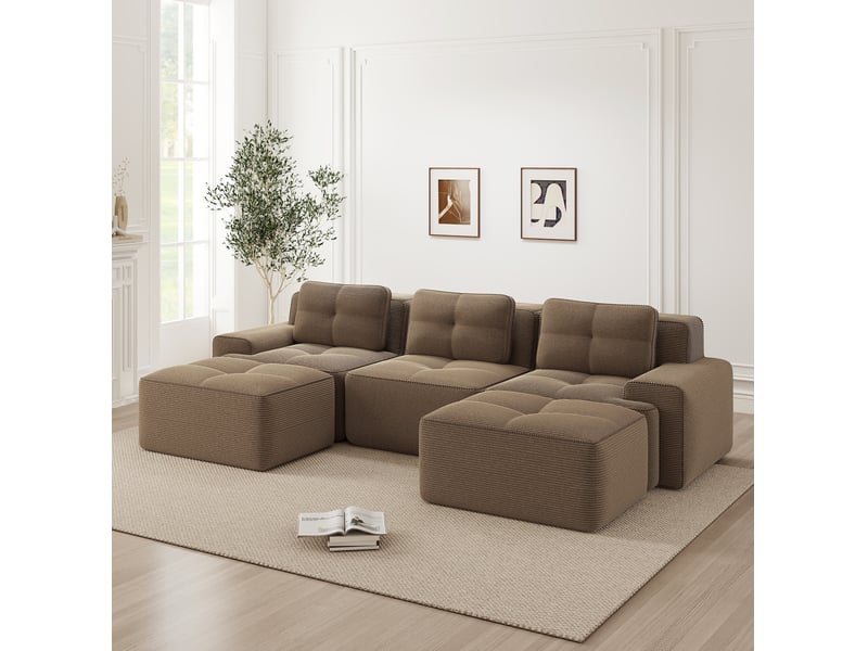  Canapé modulable en u ulevr 3 places avec ottomans, velours côtelé marron, sans montage, 293 x 177 x 69 cm  - Conforama E