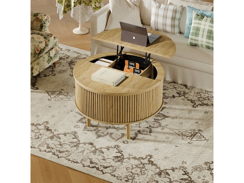  Table basse ronde relevable – 80x80x 51.5 cm – plateau relevable &amp; double coffre – bois - naturel  - Conforama B