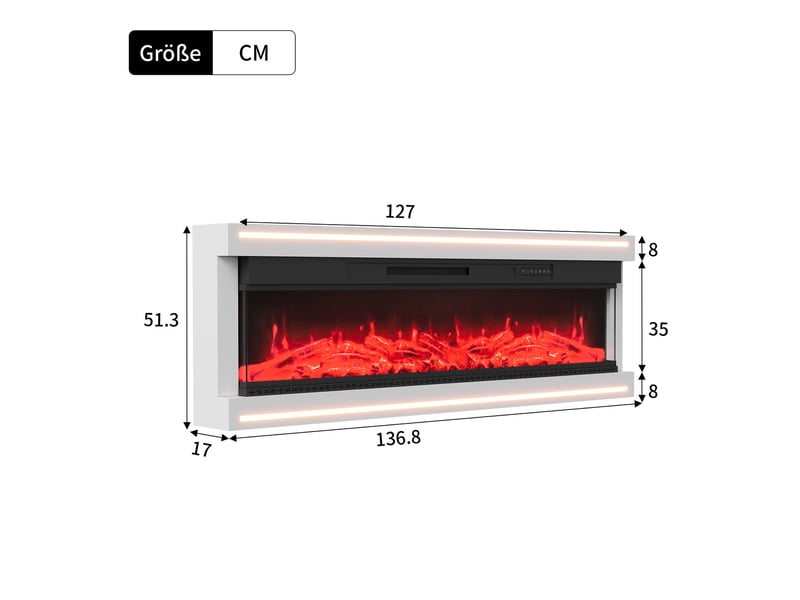  Cheminée électrique murale - 136,8x17x51,3 cm - cheminée suspendue 750w1500w, effet flamme 12 couleurs, led - blanc  - Conforama E
