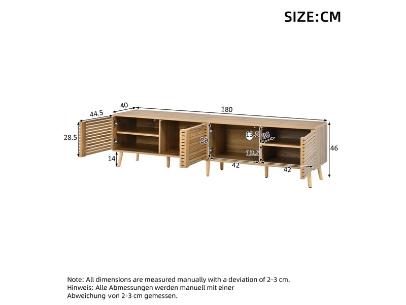  Meuble tv 180 cm pour écran jusqu’à 75 pouces, 4 portes ajourées push-to-open, 6 compartiments, passe-câbles, fermeture douce, effet bois naturel  - Conforama D