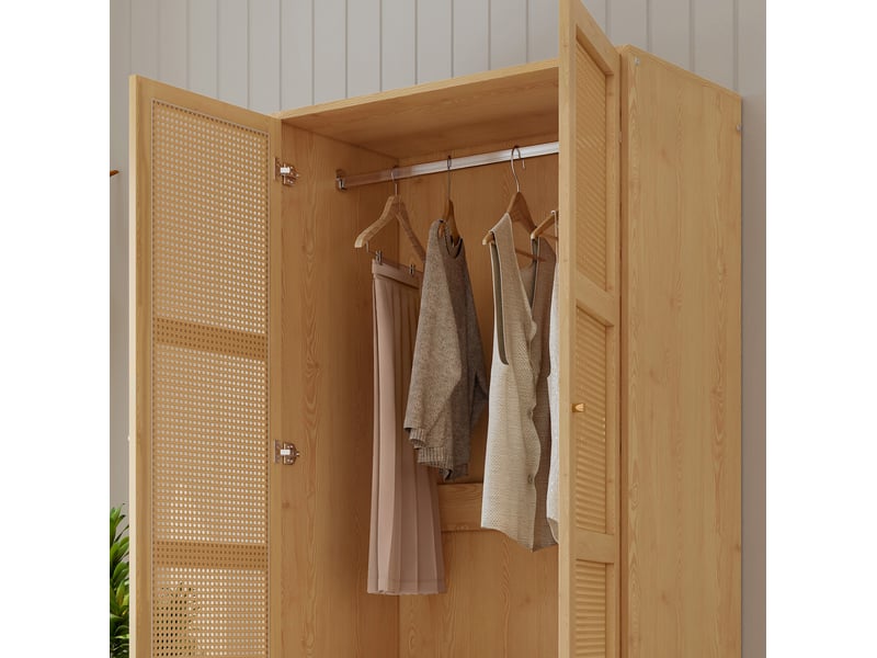  Armoire 2 portes 90x45x183 cm avec tringle, naturel, panneau de particules et pe rotin, rangement inférieur  - Conforama E