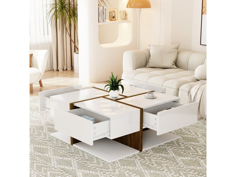  Table basse laquée brillante avec 4 tiroirs, coloris unique et design linéaire, espace de rangement en dessous. 78 x 78 x 34,8 cm  - Conforama B