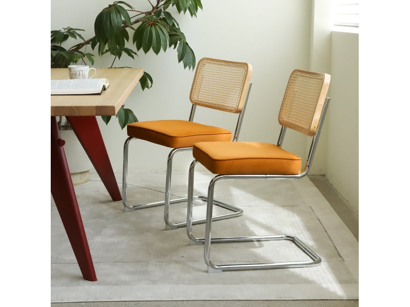  Lot de 4 chaises de salle à manger en velours orange, rotin tressé et acier chromé  - Conforama D