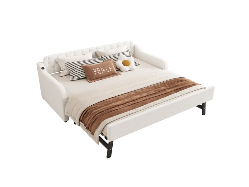  Canapé-lit 2 places avec port usb, lit gigogne extensible avec sommier à lattes, recommandé pour matelas de 10-15 cm, beige  - Conforama A