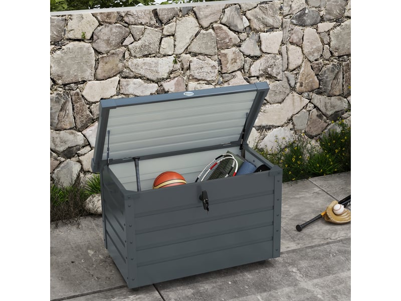  Coffre de rangement extérieur 295l, avec vérin à gaz, roulettes et poignée, en acier galvanisé, gris, 100 x 62 x 65 cm  - Conforama D