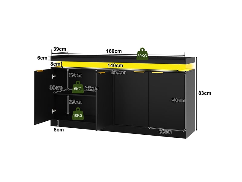  Buffet et enfilade led avec 4 portes et étagères ouvertes, mdf noir, pour cuisine et salle à manger, 160 × 39 × 83 cm  - Conforama D