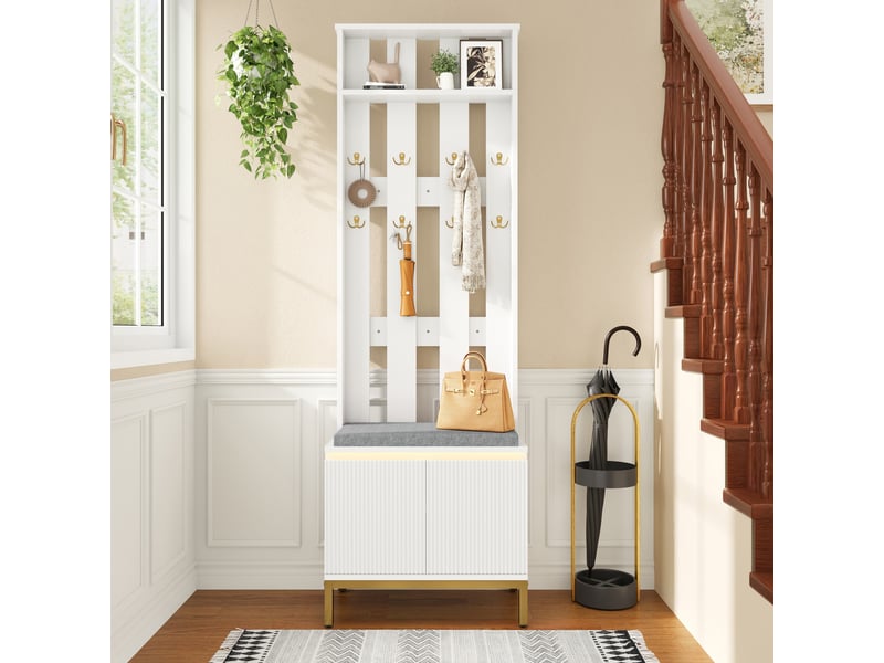 Porte-manteau - banc d'entrée, design blanc, dossier perforé verticalement, 8 crochets doubles dorés, assise rembourrée - Conforama C