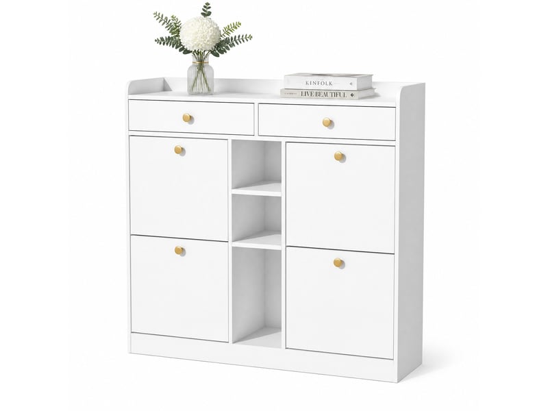  Meuble à chaussures avec 4 portes abattantes, 2 tiroirs et 3 niches à faible profondeur pour entrée, blanc, 110×26×100 cm  - Conforama A