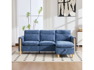 Canapé d’angle modulable 3 places 201x77x86 cm bleu en chenille, pouf coffre réversible, pieds bois et poches latérales pour salon