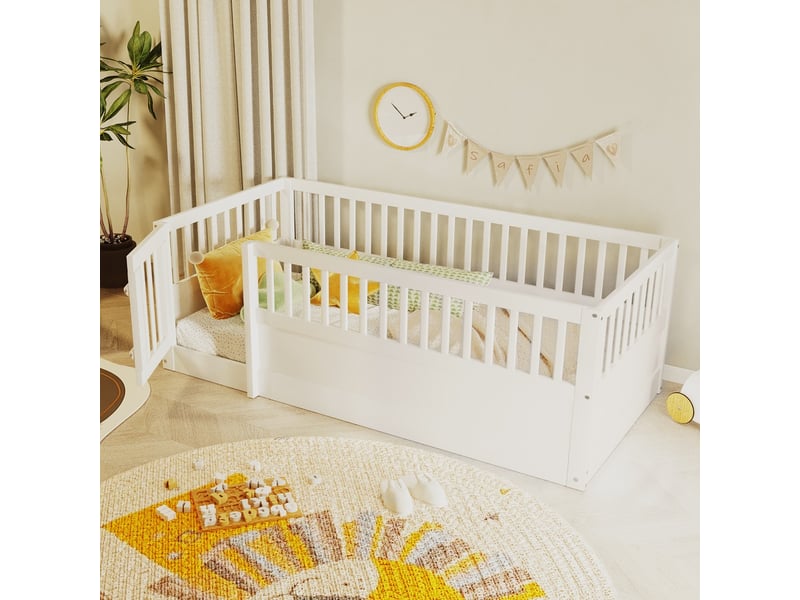  Lit enfant 90x200 cm cadre bois barrières porte blanc  - Conforama D