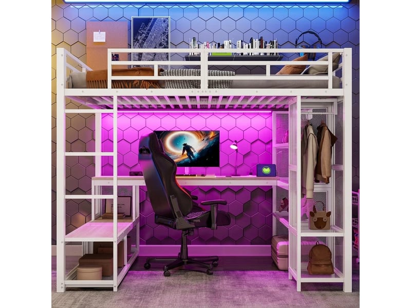  Lit mezzanine 140x200 en métal avec bureau intégré, led et usb, blanc  - Conforama D