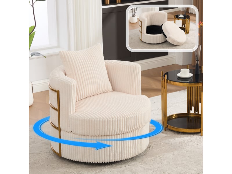  Fauteuil pivotant à 360° en velours côtelé avec rembourrage en mousse haute densité et espace de rangement sous l'assise - beige  - Conforama B