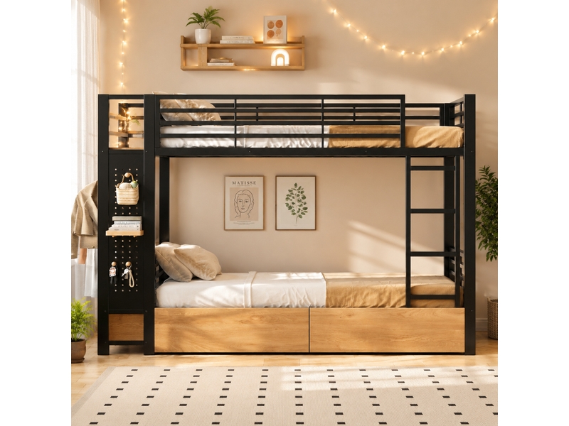  Lit superposé 90x200 cm en métal avec 4 tiroirs, étagères, éclairage led et penderie - noir  - Conforama C