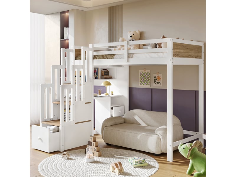  Lit mezzanine enfant 90 x 200 cm avec bureau, escalier de rangement et tiroirs, blanc et naturel  - Conforama C