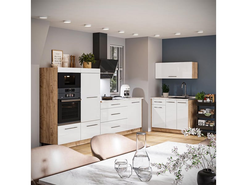 Vicco cuisine, blanc haute brillancechêne de force doré, 380cm, pt chêne - Conforama C