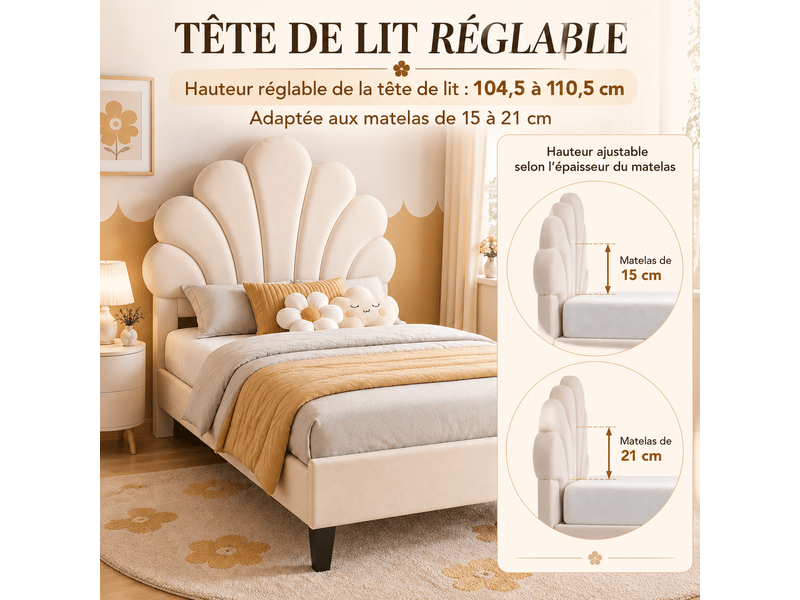  Lit enfant rembourré 90x200, lit simple avec tête de lit en forme de fleur et sommier à lattes, lits 1 personne pour fille adolescent, velours, sans matelas, beige  - Conforama D