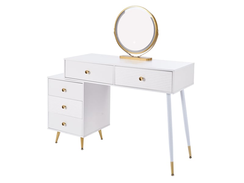  Coiffeuse avec miroir led 100 x 40 x 78 cm blanche en mdf, meuble latéral modulable et cinq tiroirs  - Conforama D