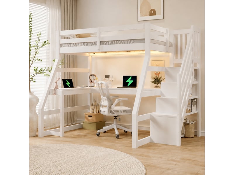  Lit mezzanine 90x200 cm avec bureau et éclairage led en pin et mdf blanc  - Conforama D