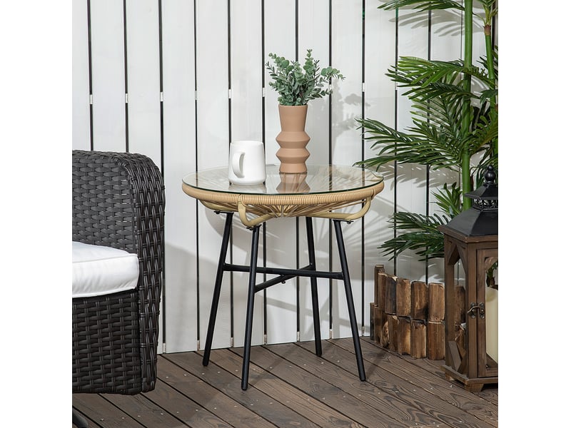  Table d'appoint extérieure ronde 50x50x50 cm – noir et beige – plateau en verre trempé et résine tressée  - Conforama B