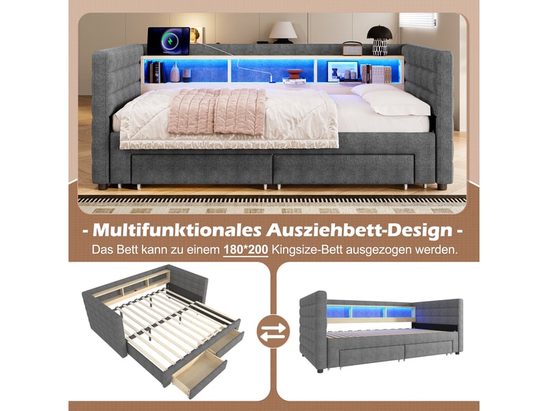  Lit de jour velours gris 90x190 cm avec lit gigogne extensible, éclairage led, tiroirs de rangement et ports usbtype-c  - Conforama R