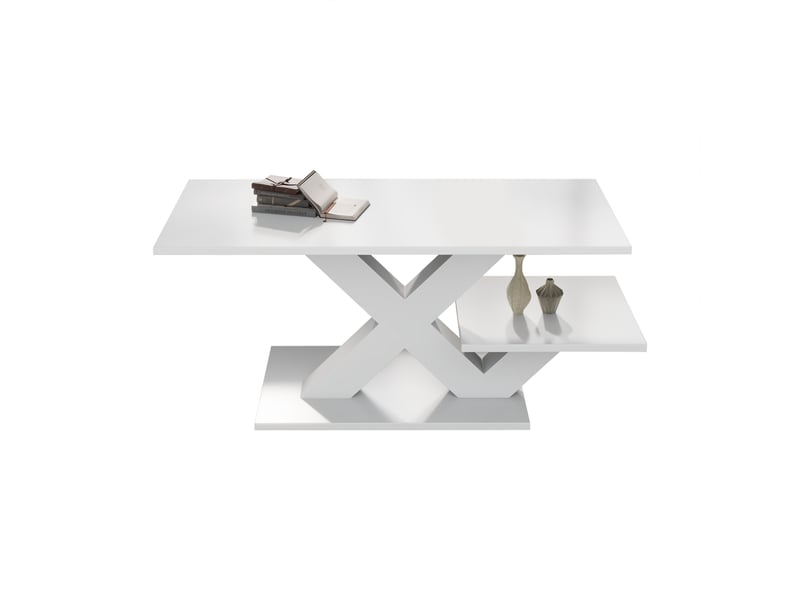  Table basse 100x48x45 cm blanc brillant mdf double plateau pieds en x pour salon  - Conforama A