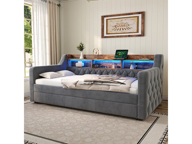 Canapé-lit gigogne - 90 x 200 cm + 90 x 190 cm - avec rangements et prises - bois + métal - noir