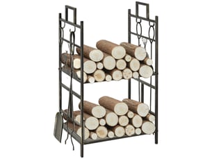 Porte-bûches avec quatre outils de cheminée, fer forgé à deux niveaux, 51,5 x 33 x 77 cm