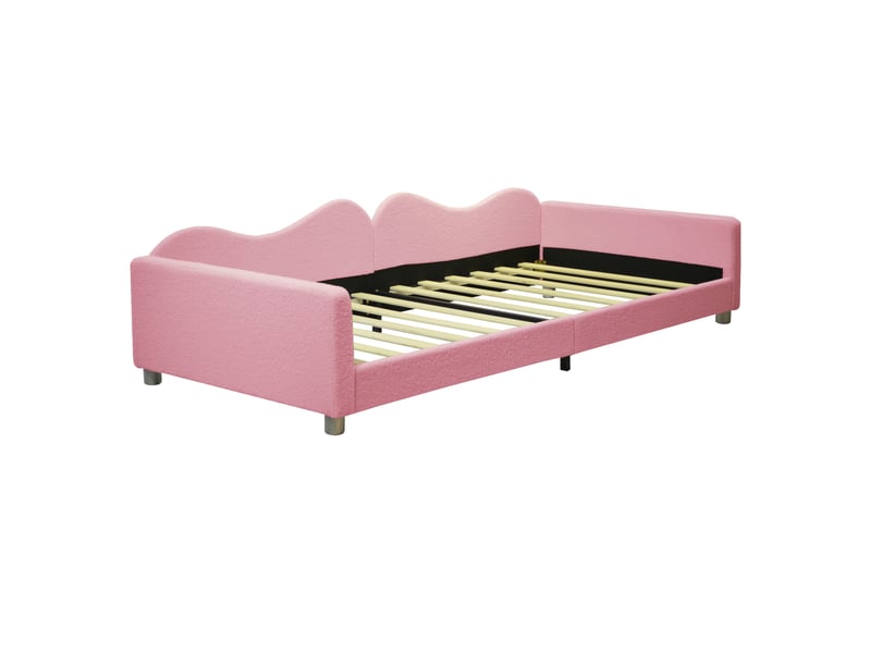  Lit enfant banquette en tissu bouclette rose 90 x 200 cm, rembourré, dossier et accoudoirs  - Conforama E