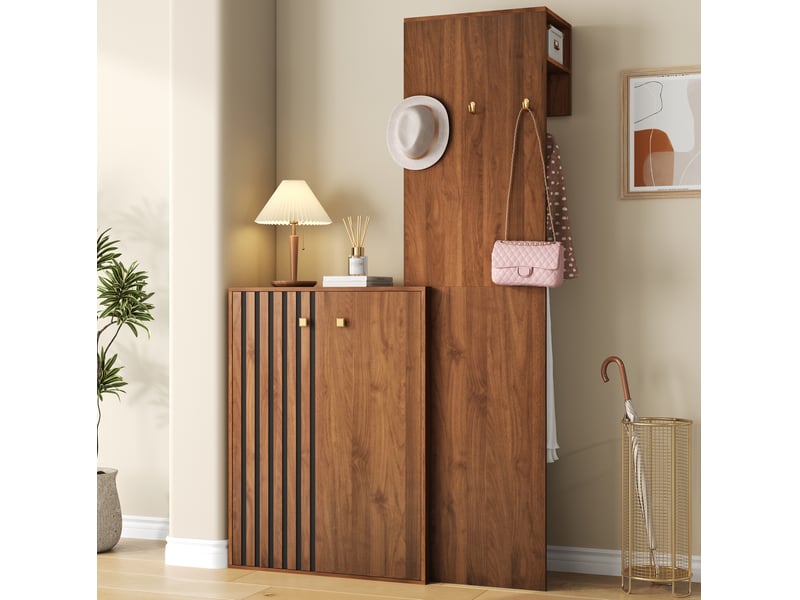  Armoire d’entrée compacte 115x38,5x191,5 cm, rangement chaussures et penderie, meuble d’entrée, confortable, mdf, noyer  - Conforama B