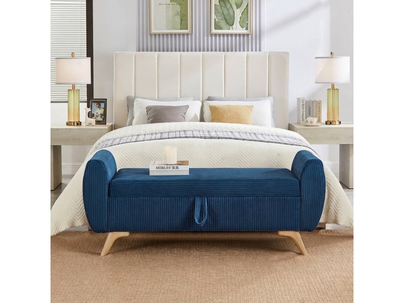  Banc de rangement bleu 145 cm en velours côtelé avec coffre pliable et pieds en bois  - Conforama B