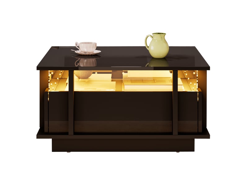  Table basse carrée 70x70x35 cm, meuble salon éclairage led, panneau acrylique, 2 tiroirs, panneau de particules, noir  - Conforama A