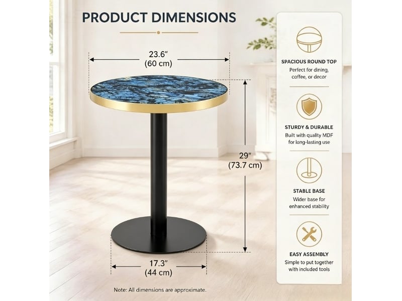  Guéridon rond bleu effet marbre ø60 cm en mdf et métal avec bord doré  - Conforama C