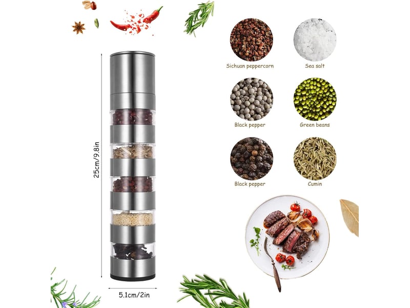  Ensemble de 5 moulins à sel et à poivre portables en acier inoxydable, comprenant des mini-pots à épices pour barbecue, camping et pique-nique  - Conforama B