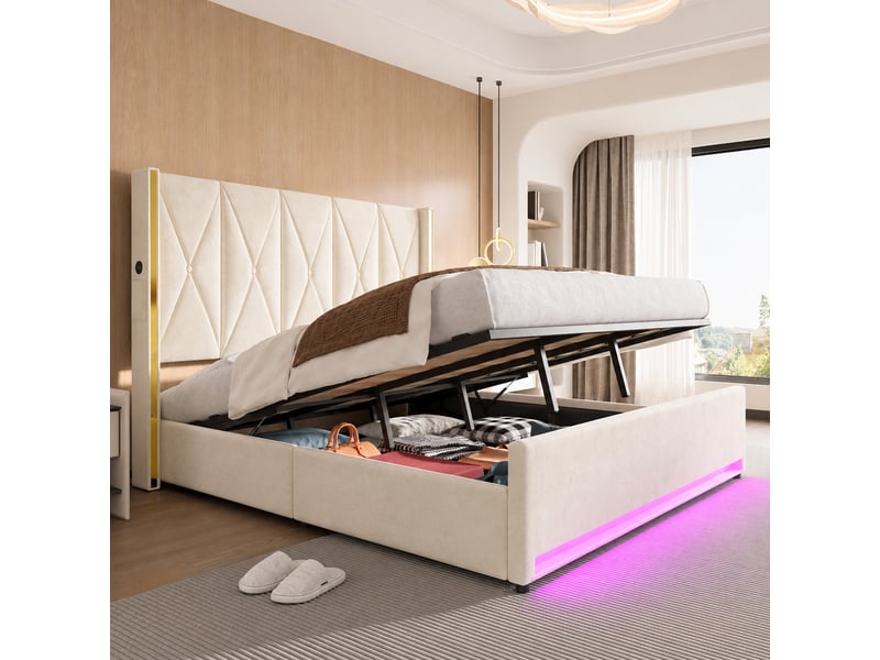  Lit coffre à relevage hydraulique, tête haute capitonnée, usb et usb-c, led, velours beige, 180x200 cm  - Conforama D