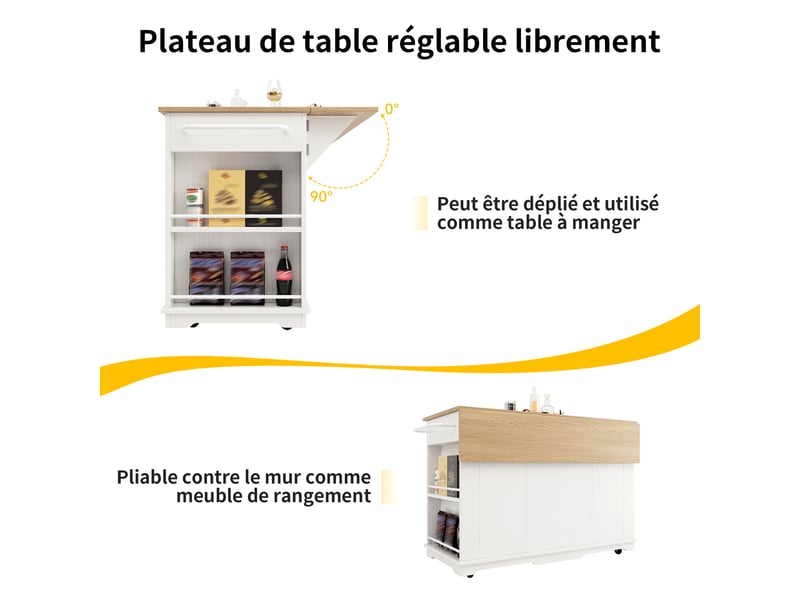 Îlot de cuisine mobile 151.5x6085x91.7 cm, plateau rabattable avec 3 tiroirs, 4 portes et rangements, blanc - Conforama E