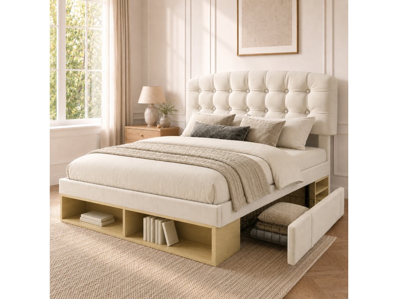 Lit double rembourré 140 x 190 cm avec tiroirs, rangements et tête de lit réglable, velours beige, sommier à lattes Fay Lum - Conforama B