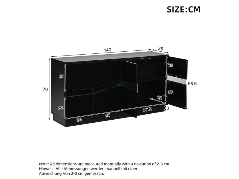  Buffet bas 4 portes avec led bluetooth 140x35x70 cm noir brillant  - Conforama C