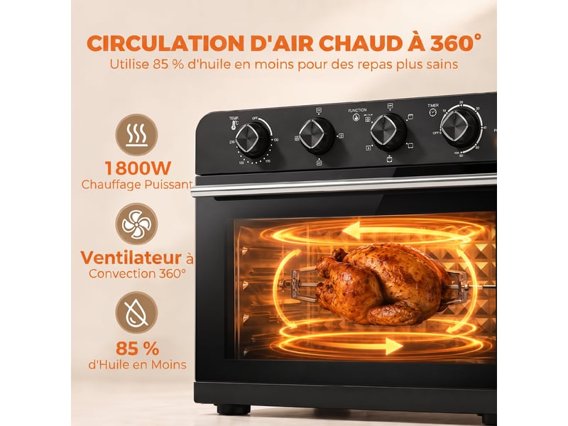  Friteuse à air chaud 36l, four à air chaud 1800 w avec rôtissoire, plaque de cuisson, noir, panier de friture et grille  - Conforama R