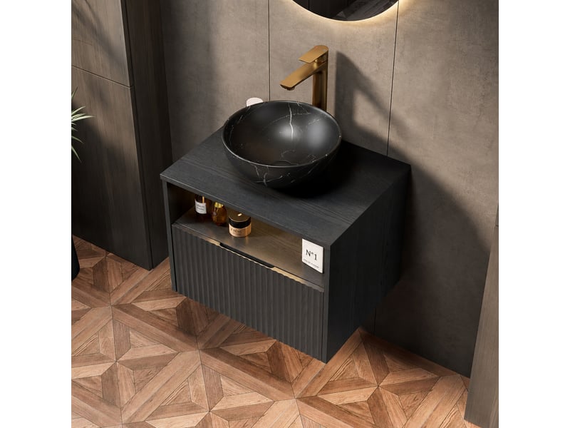  Meuble vasque suspendu 60 cm avec vasque noire en céramique, tiroir et étagère ouverte  - Conforama D