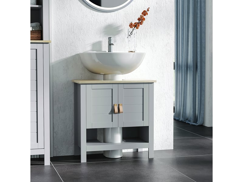 Meuble sous-évier compact à 2 portes et étagère intérieure réglable, unité de rangement pour salle de bain, 60 x 30 x 60 cm, gris  - Conforama D