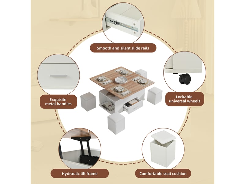 Table basse, à plateau relevable, convertible avec 4 tabourets, avec 1 tiroir, 100 x 50 x h 45 cm, blanc et bois, rangement pratique, pour votre salon Luxe haut de gamme - Conforama E